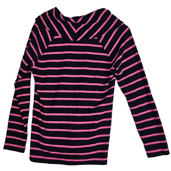 Talbots Sweater M Navy Pink‎ Stripe Waffle Knit Cowl Neck Pullover Casual Top - Picture 2 of 8